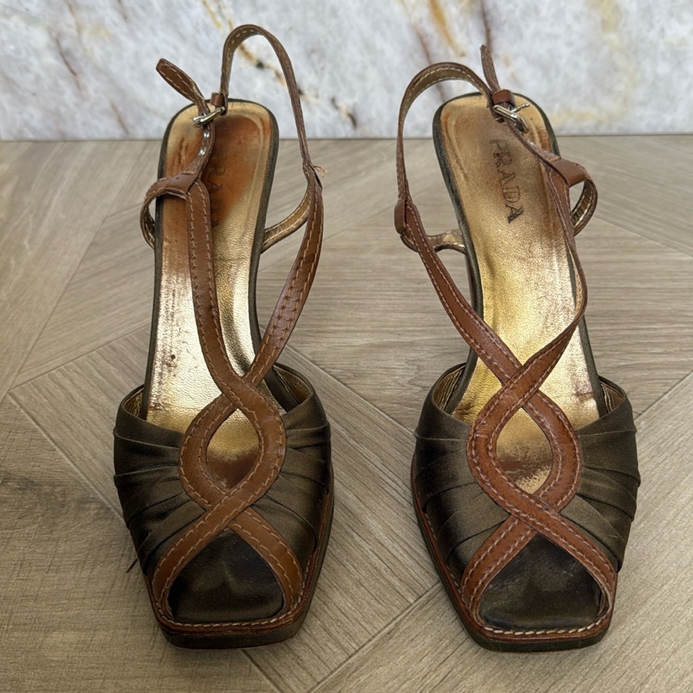 Prada Heel Olive Green Satin Brown Leather Strap Slingback Heels Peep Toe 39
